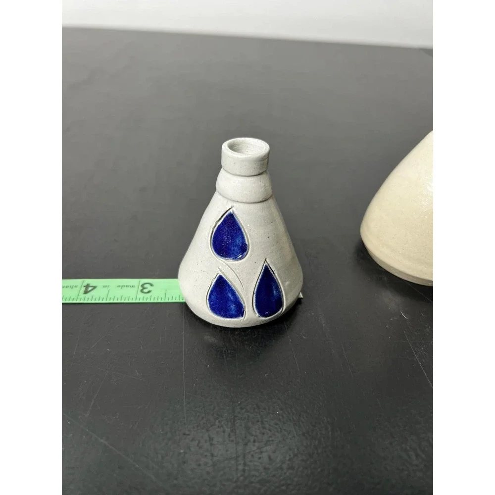 Williamsburg Pottery Bud Vase Set‎ Gray Tan Cobalt Blue Salt Glaze Leaf Small